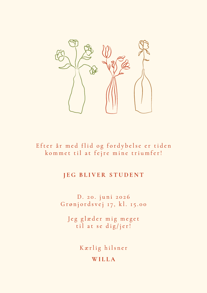 
                Byd dine gæster til studenterreception med denne elegante studenterinvitation. Invitationen er udsmykket med fine håndtegnede illustrationer med farver, der passer til din røde studenterhue. Benyt både forside og bagside til dit personlige budskab til dine gæster. Ønsker du en visuel rød tråd til din studenterreception, har vi matchende bordkort, menukort, gæstebøger, velkomstskilte og meget mere.                